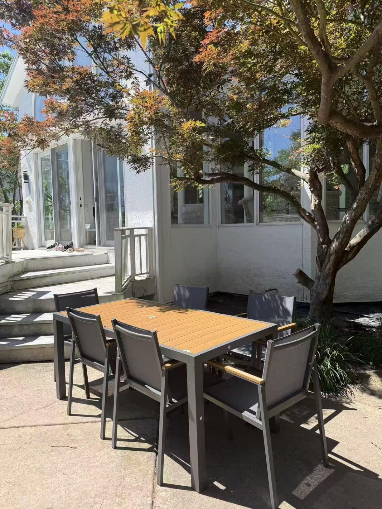 Outdoor Dining Set, 7 Piece Aluminum Patio Table and Chairs Set, All Weather Patio Dining Furniture Set with Umbrella Hole for Backyard, Deck, Poolside (Gray-Teak) customer photo 1
