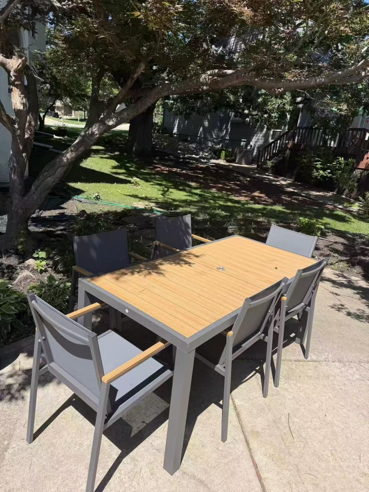 Outdoor Dining Set, 7 Piece Aluminum Patio Table and Chairs Set, All Weather Patio Dining Furniture Set with Umbrella Hole for Backyard, Deck, Poolside (Gray-Teak) customer photo 2