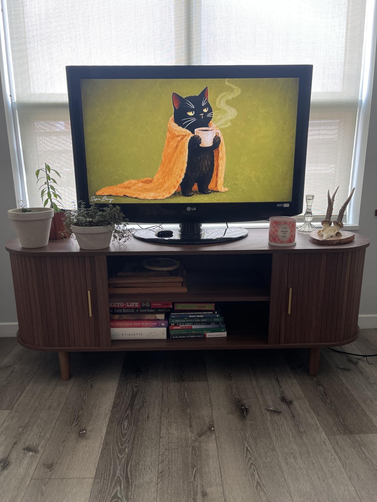 VASAGLE TV Stand for 65-Inch TVs, Mid Century Entertainment Center with Storage, Fluted Sliding Doors, Media Console Table for Living Room, Bedroom, Sand Brown ULTV633K201 customer photo 1