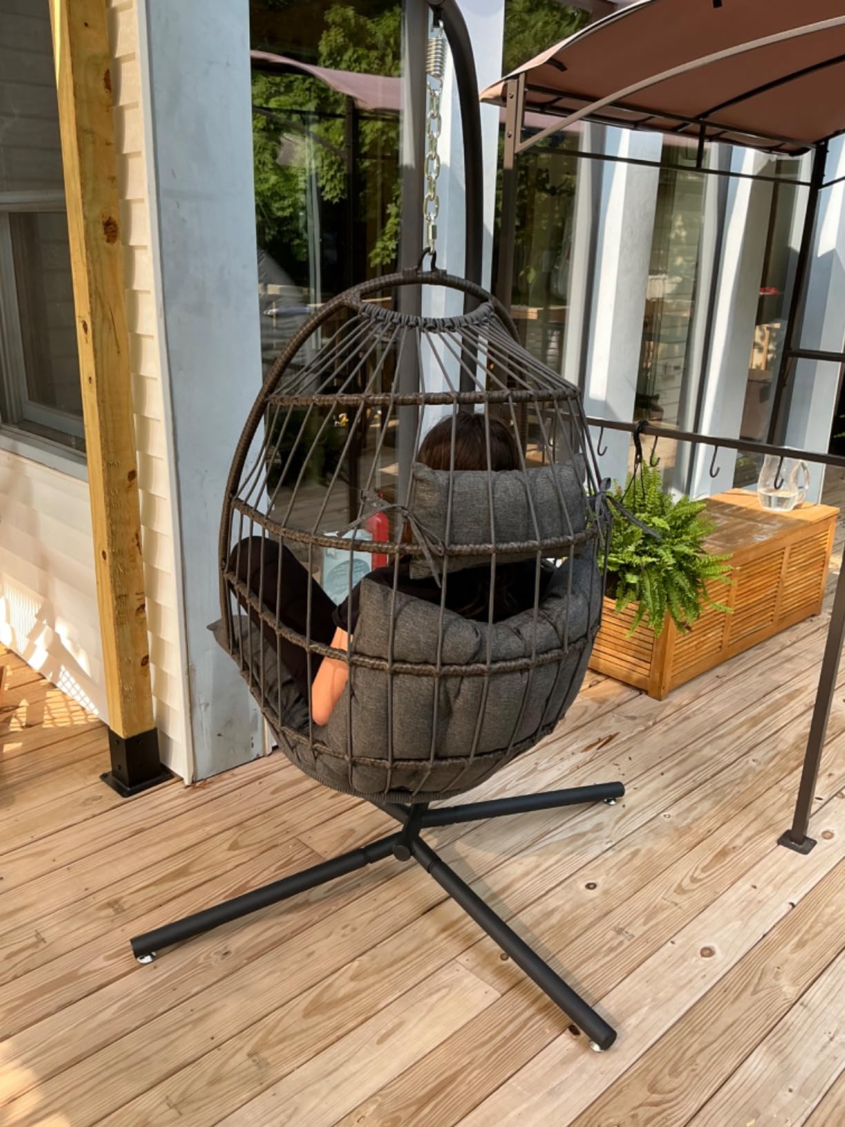 SereneLife Hanging Egg Chair with Stand - Wicker Rattan Outdoor Swing Chair, Powder-Coated Steel Frame, Padded Cushion & Headrest - Ideal Swinging Chair for Bedroom, Patio, Backyard - 350 lbs Load customer photo 1