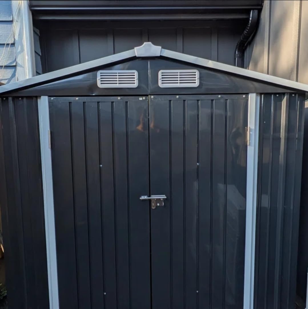 6x4FT Outdoor Storage Shed with Floor Black | Metal Garden Tool Shed with Sloping Roof & Lockable Door for Patio Lawn Backyard customer photo 1