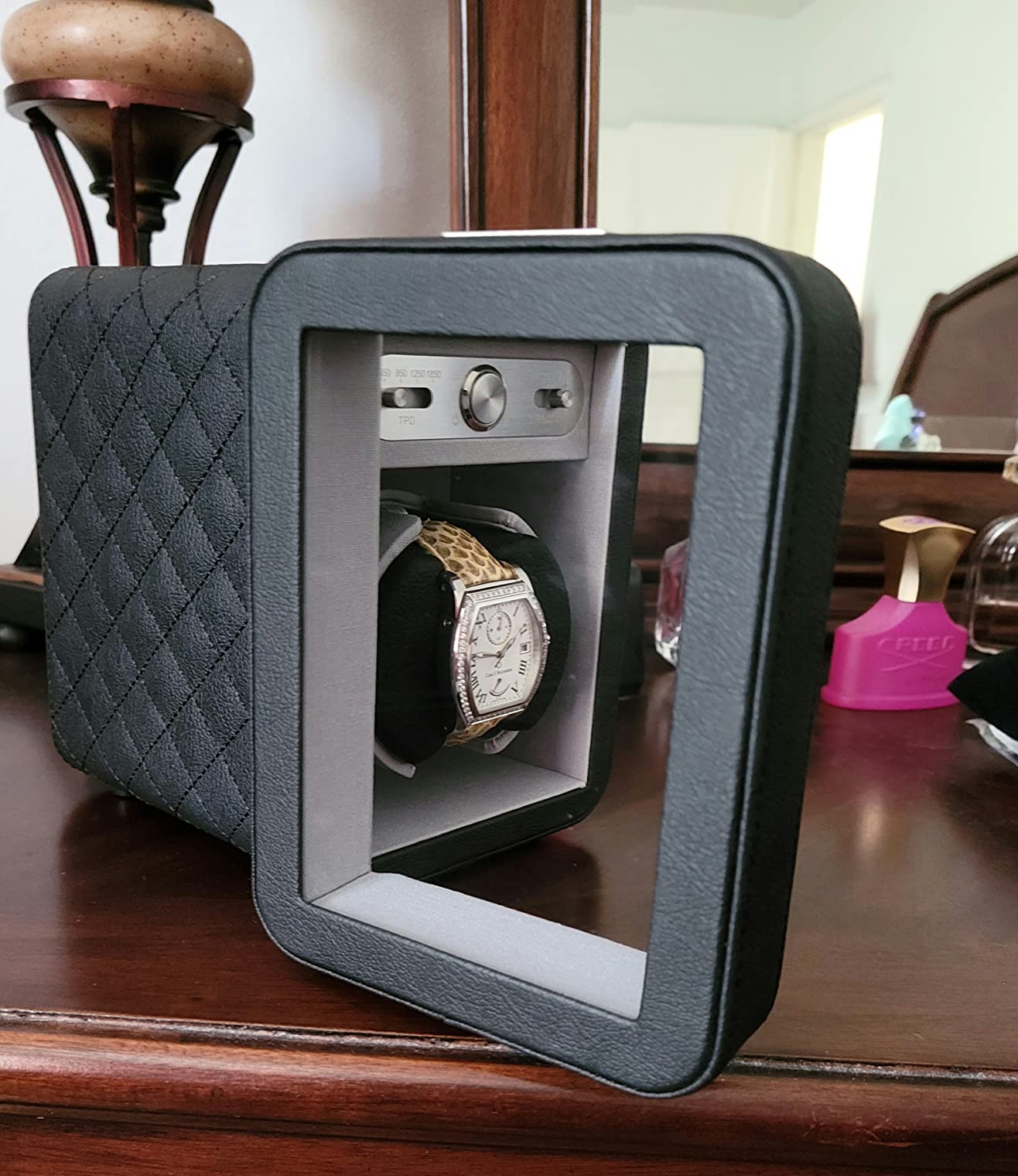 Heiden Monaco Watch Winder - Automatic Watch Winder for Automatic Watches, Rolex - Black Leather - Battery Powered or AC Adapter, 12 Program Settings, Diamond Stitched Vegan Leather customer photo 2