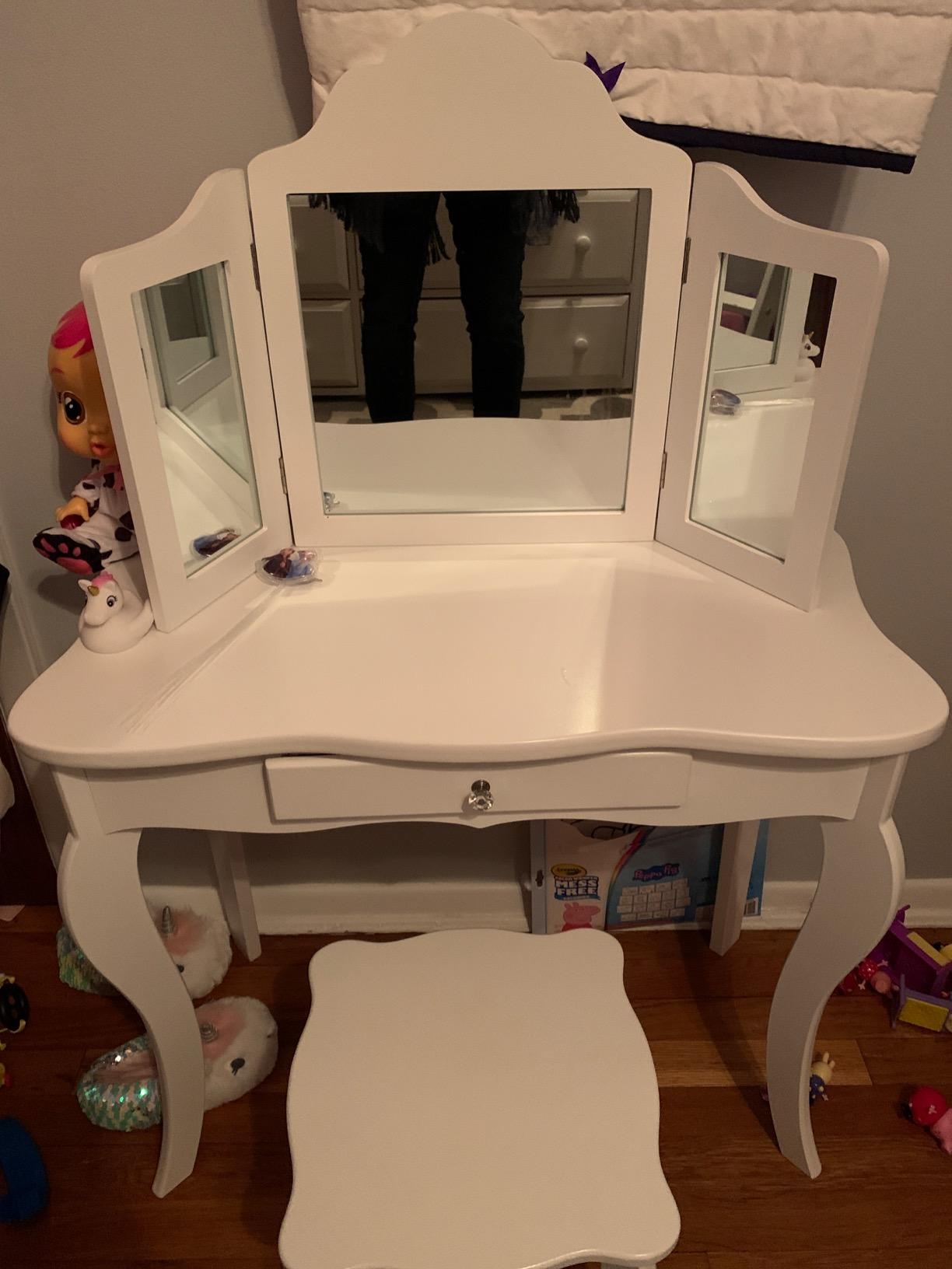Costzon Kids Wooden Vanity Table & Stool Set, 2 in 1 Detachable Design with Dressing Table and Writing Desk, Princess Makeup Dressing Table with Two 180° Folding Mirror, for Girls, Kids (White) customer photo 1
