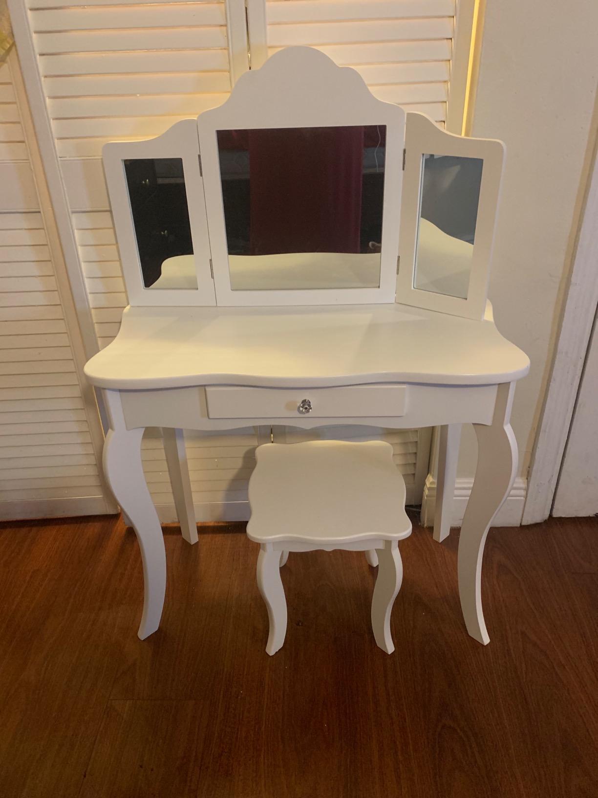 Costzon Kids Wooden Vanity Table & Stool Set, 2 in 1 Detachable Design with Dressing Table and Writing Desk, Princess Makeup Dressing Table with Two 180° Folding Mirror, for Girls, Kids (White) customer photo 2