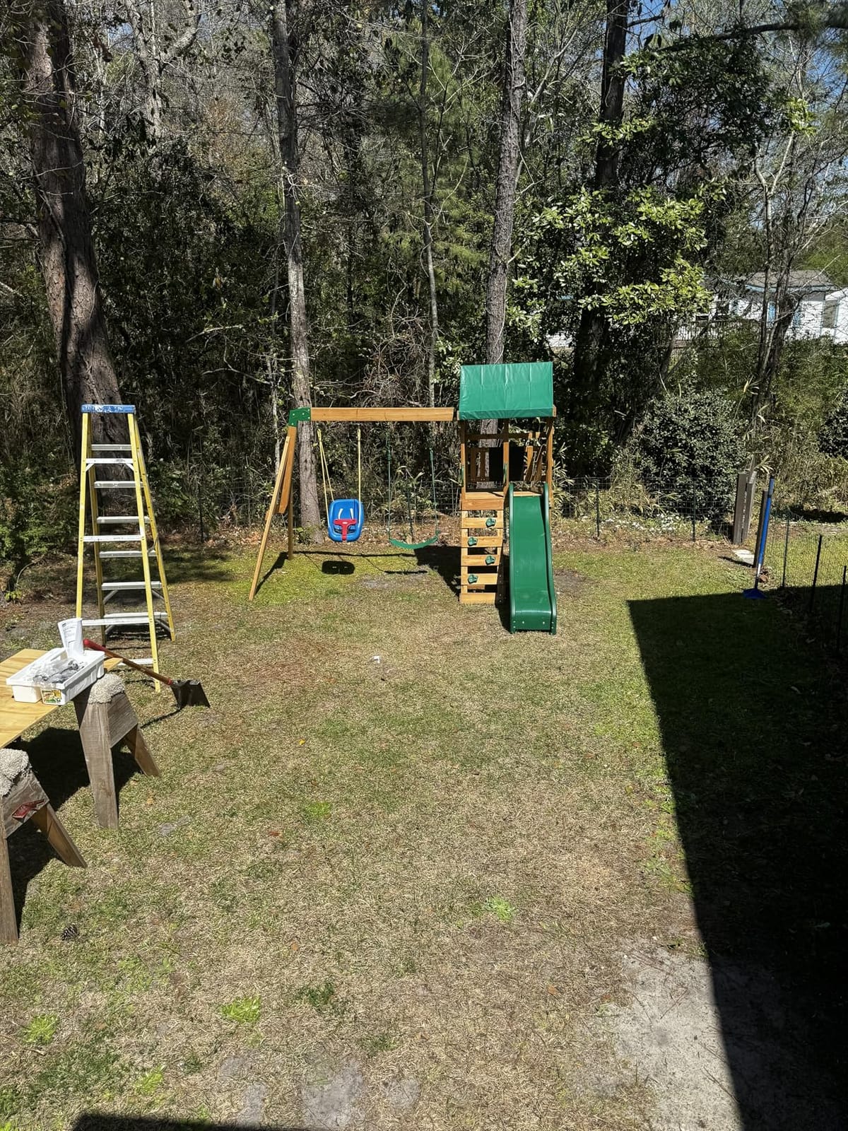Backyard Discovery Buckley Hill Cedar Wood Swing Set with Wave Slide, Play Deck, Rock Wall Ladder, Belt Swings, Chalkboard, Canopy Roof, Outdoor Playset customer photo 2