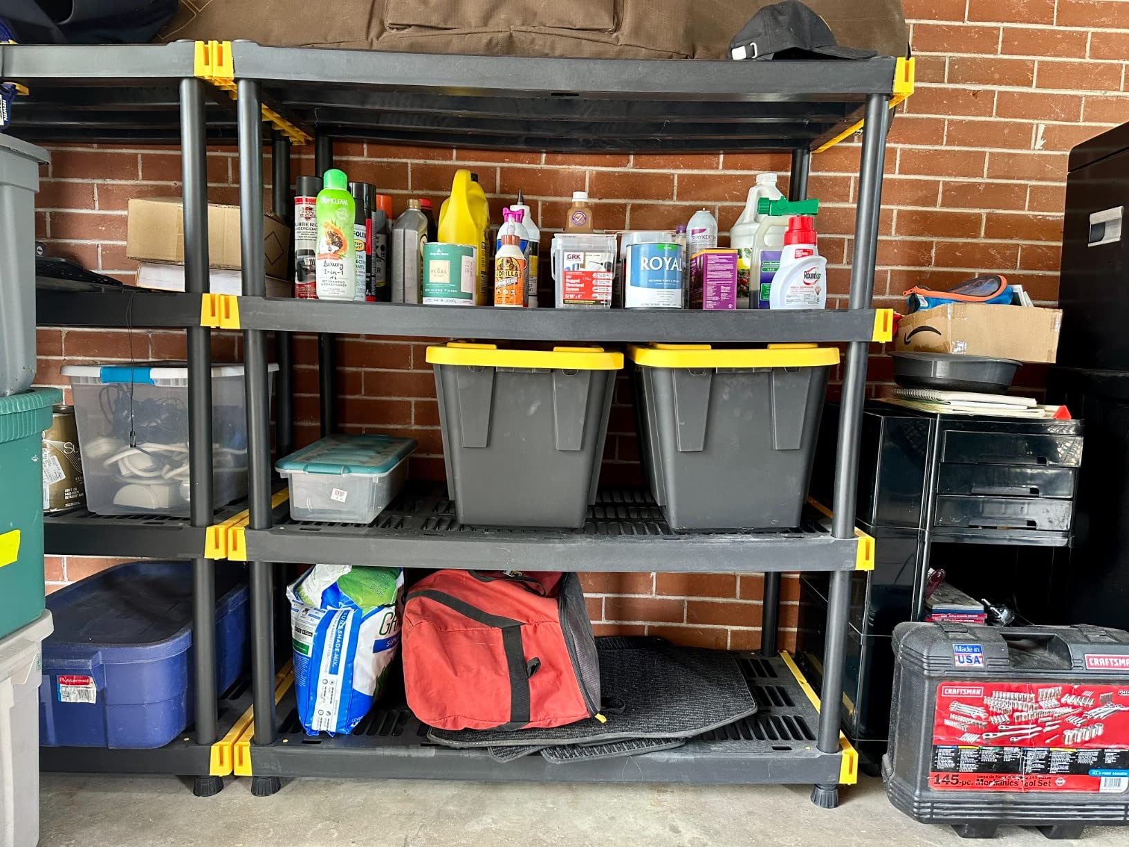 CX Black & Yellow, 4-Tier Heavy Duty Plastic Storage Shelves that Support up to 200lbs/shelf, Organization and Storage, Weather-Resistant Design, Easy Assembly (55