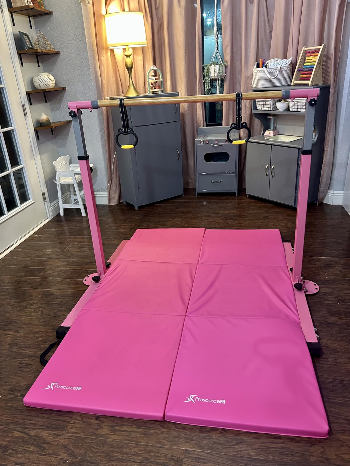 Gymnastics Bar for Kids Ages 3-15 with Gym Ring, Max Load 350Lbs | Heavy Duty Base & Flexible Fiberglass Rod or Stable 6 Triangular Support & Easy Fold, Height Adjust 3ft-5ft customer photo 2