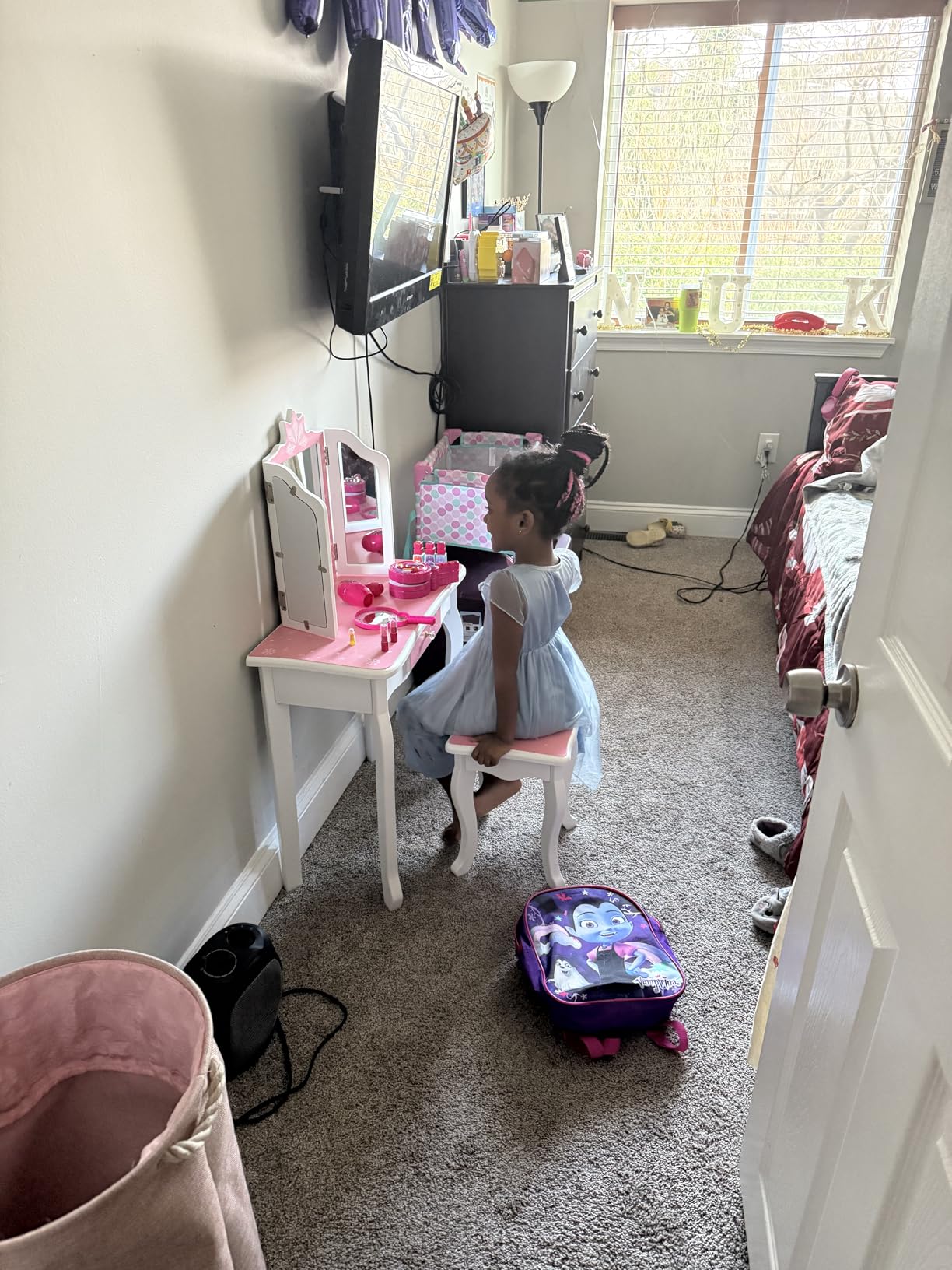 JOYMOR Kids Vanity Set, Wooden Princess Makeup Table with Stool, Tri-Folding Mirror, Large Drawer, Solid Wooden Legs Pretend Beauty Make Up Dressing Play Set for Girls Best Gift (Purple) customer photo 1