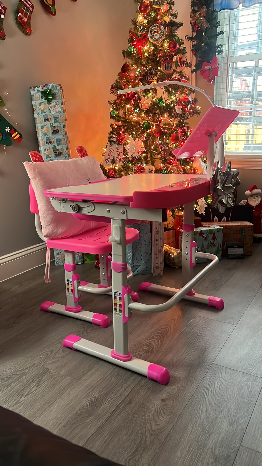 Kids Desk and Chair Set, Height Adjustable Child's School Study Writing Tables with Tilt Desktop, LED Light, Storage Drawer, Book Stand (Blue) customer photo 1