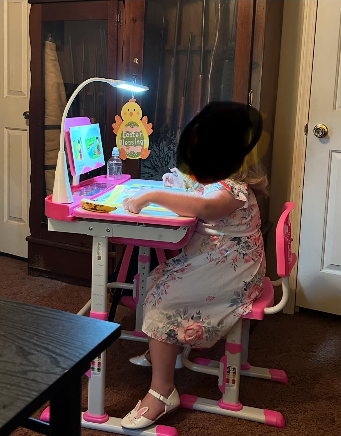Kids Desk and Chair Set, Height Adjustable Child's School Study Writing Tables with Tilt Desktop, LED Light, Storage Drawer, Book Stand (Blue) customer photo 2