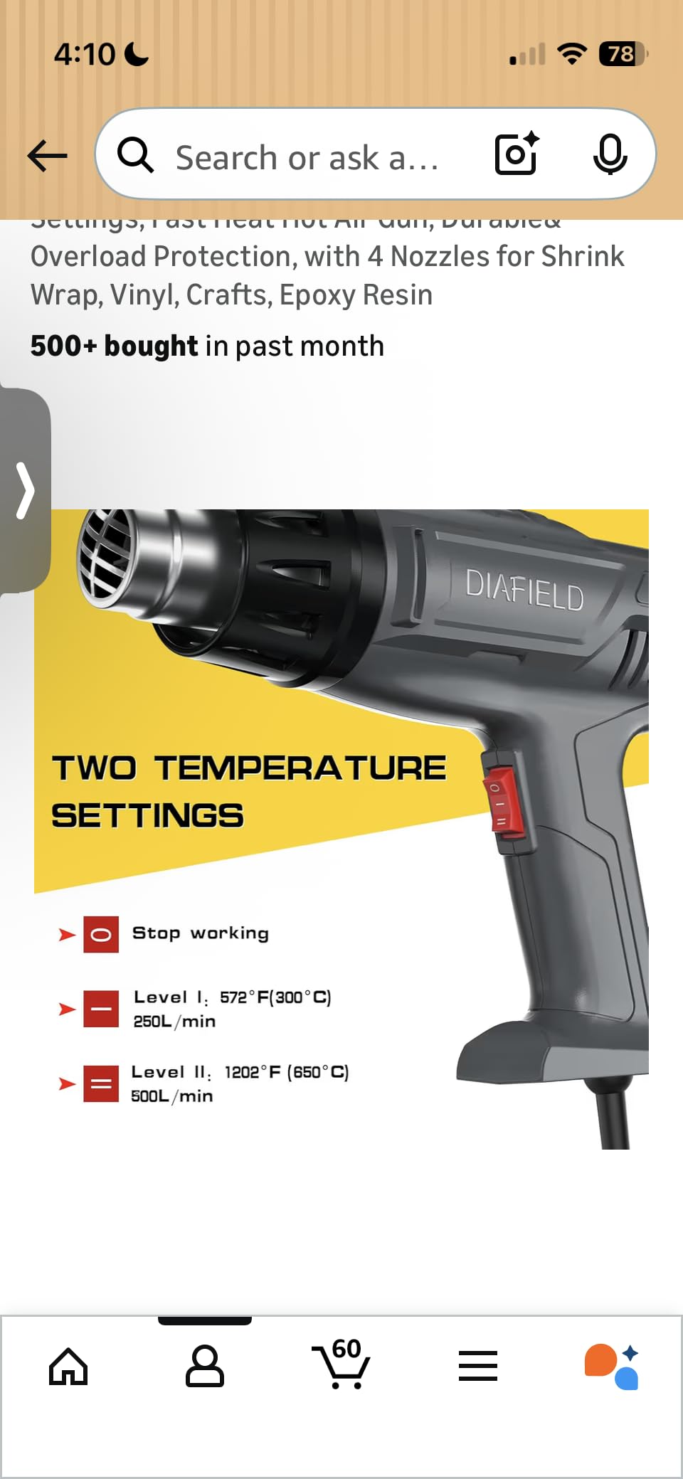DIAFIELD Mini Heat Gun with 2 Temp Setting 302℉-842℉ | Fast Heat up, with Reflector Nozzle and 5.9Ft Cable for Epoxy Resin, Craft, Embossing, Shrink Wrapping & DIY customer photo 2