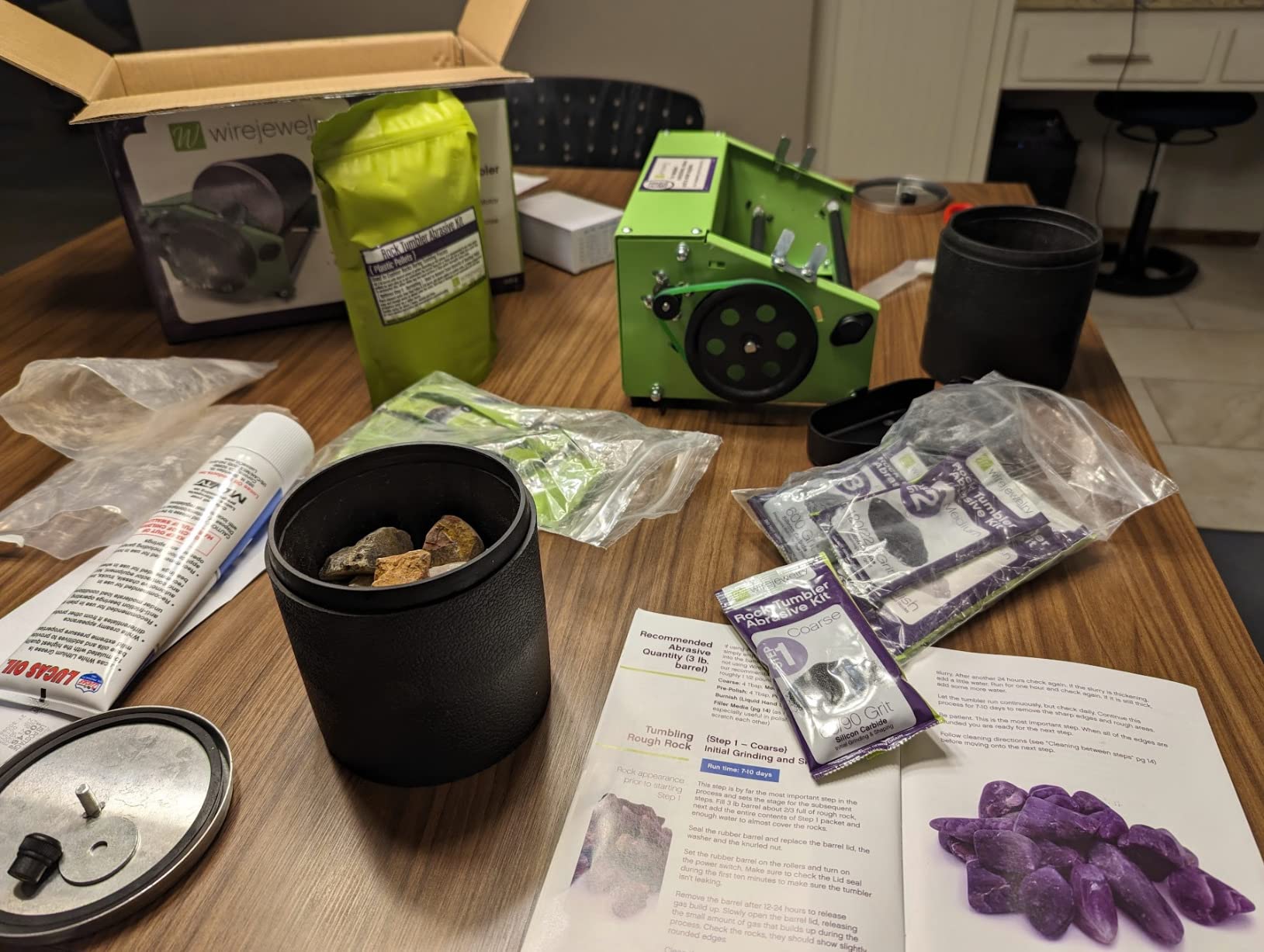 WireJewelry Pro-Series Double Barrel Rock Tumbler Kit - Includes 3 Pounds of Gemstones of The World Stone Mix and 2 Batch of 4 Step Abrasive Grit and Polish with Plastic Pellets customer photo 1