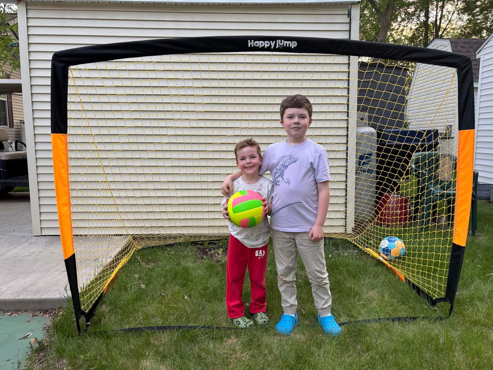 Happy Jump 7x5' & 5x3.6' Portable Soccer Goals for Kids Ages 6-14, Weatherproof Net and Steel Frame for Backyard Fun and Outdoor Training, Quick Setup and Sturdy for All Weather Conditions customer photo 2