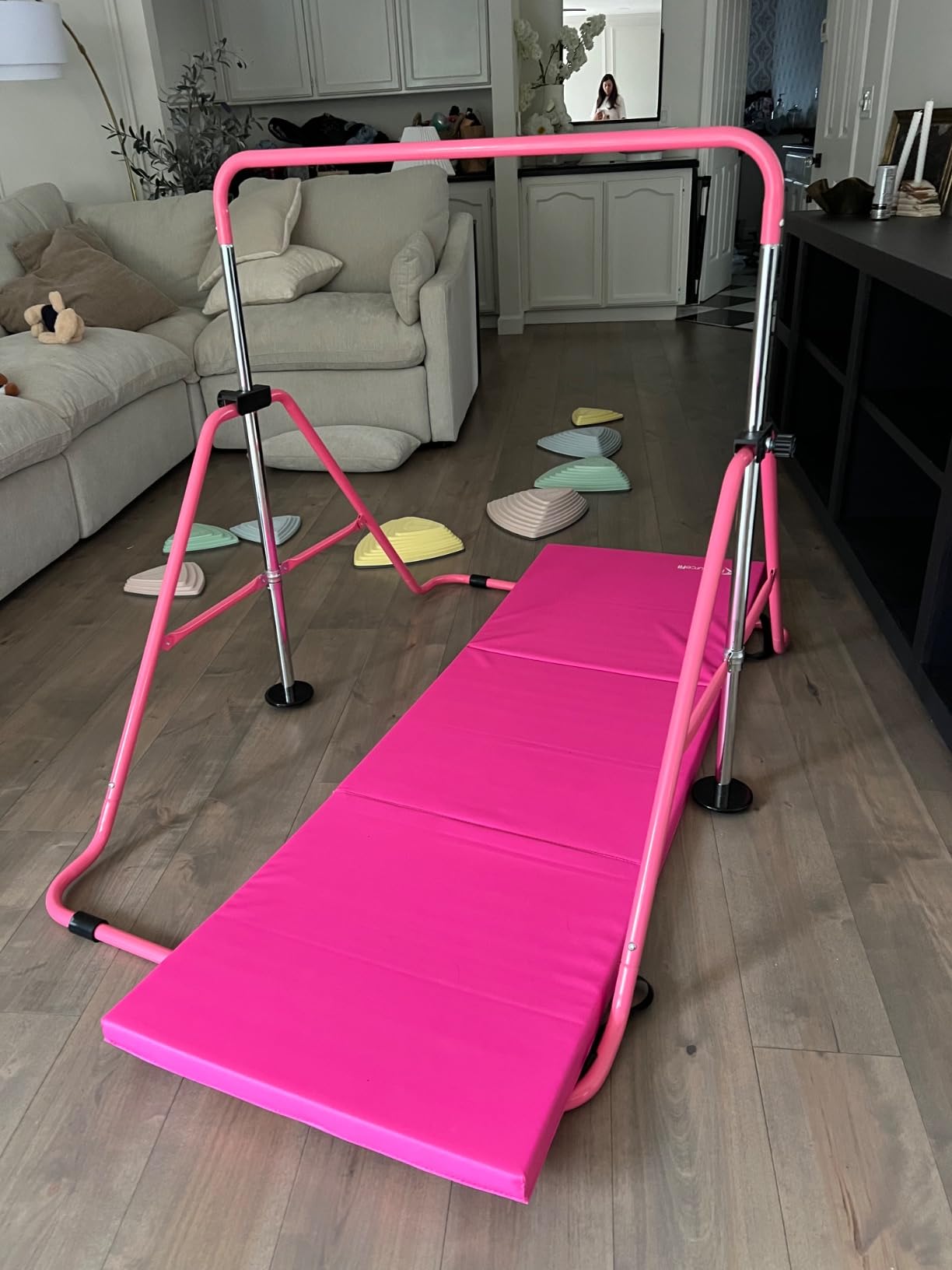 Sportsroyals Gymnastics Bar for Kids, Adjustable Height Gymnastic Horizontal Bars, Folding Gymnastic Junior Training Kip Bar for Home, Pink customer photo 1