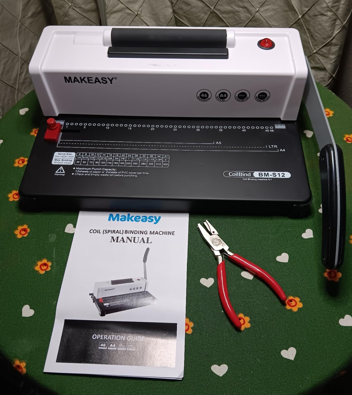 MAKEASY Spiral Binding Machine, 4:1 Pitch, 12 Sheets Punch Capacity, Electric Coil Insert, Book Binder Machine for A4/A5/Letter Size Paper, Come with 1 Box pcs 5/16'' Coils & Pliers customer photo 1