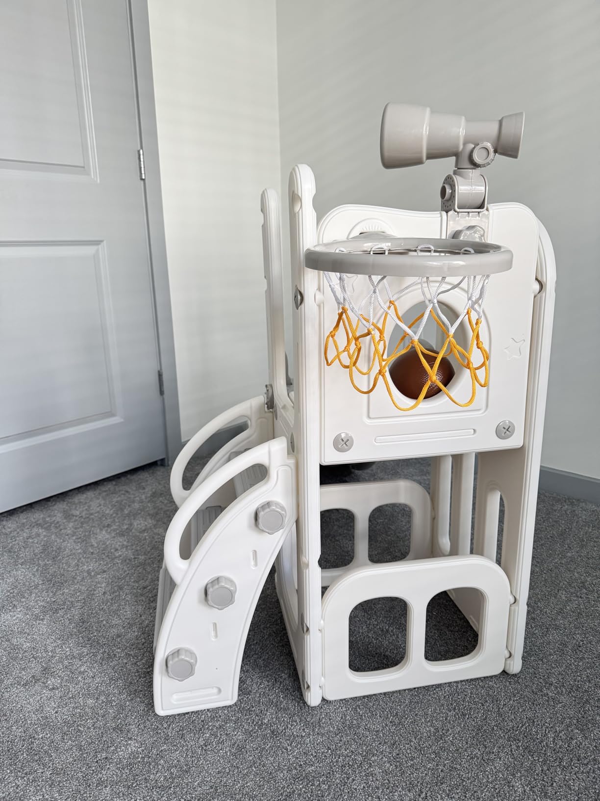 Babytronic 6-in-1 Toddler Slide for Kids 1-3, Baby Indoor Climber Playset | Kids Slide with Basketball Hoop & Telescope, L-Shaped Toddler Outdoor Playground Support 160 lbs Easy Assembly, White & Gray customer photo 2