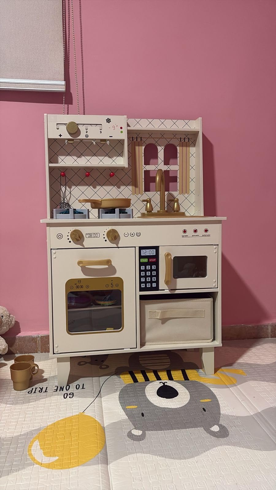 BIERUM Play Kitchen w/Realistic Lights, Sounds, Pretend Play Set for Kids | Interactive Wooden Kitchen with Coffee Maker & Microwave, 24 Pcs Toy Food & Cookware Accessories, Toddlers Gift for Ages 3+ customer photo 1