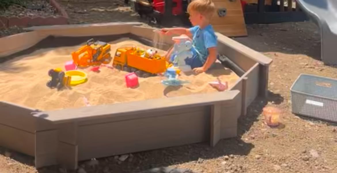 Best Choice Products Large Outdoor Octagon Wooden Sand Box for Kids, Sandbox with Cover, 4 Reinforced Benches Support up to 220 lbs Each, Bottom Liner for Drainage - Brown customer photo 1