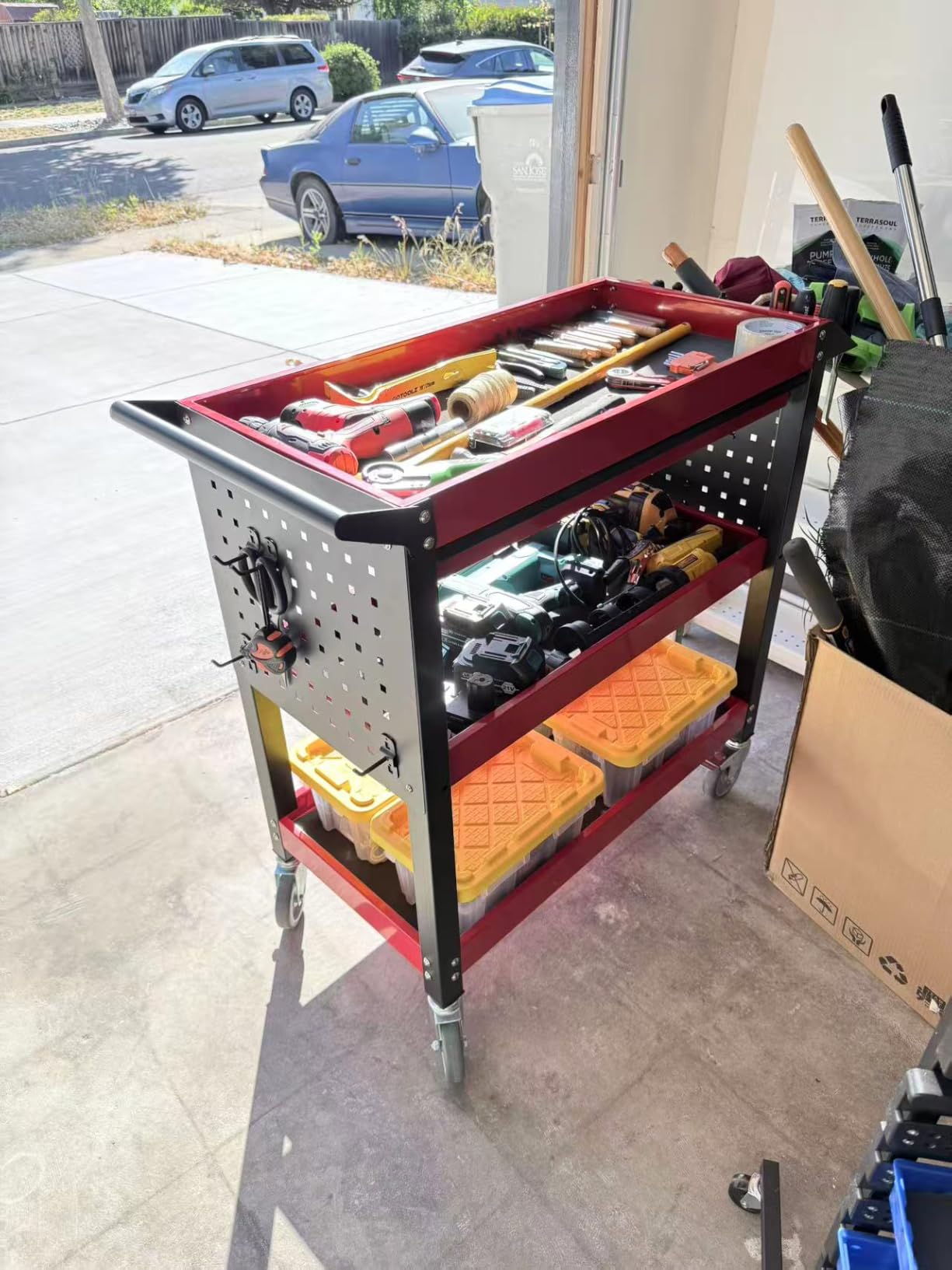 3-Tier Heavy Duty Metal Rolling Tool Cart with Drawers, Red Black | 660 Lbs Capacity, Pegboards, Locking Casters, Industrial Utility, For Mechanics, Garage, Workshop & Warehouse Storage customer photo 2