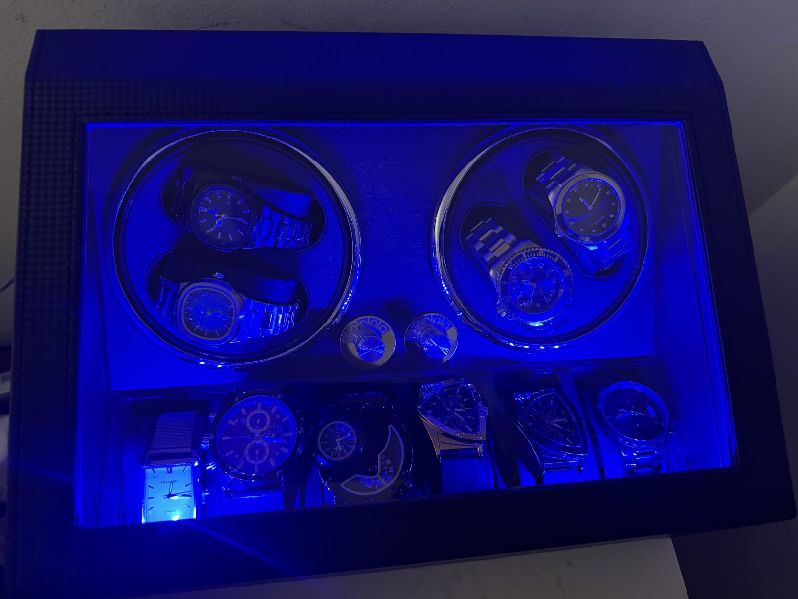 ANWBROAD Watch Winder for Automatic Watches, Watch Winder 4 Watches | 4 Watch Rotator and 6 Extra Storages with Quiet Motor and LED Backlight Turner Carbon Fiber Shaker 4 Rotating Modes UJWW002F customer photo 2
