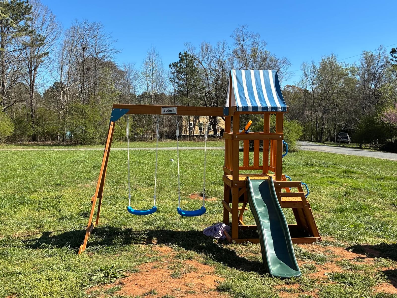 ROBUD Swing Sets for Backyard, Wooden Swing Set, All-in-One Kids Outdoor Play Equipment with Two Swings, Slide, Rock Climbing Wall, Blackboard, Telescope, Fort, Outdoor Playset for Kids & Toddlers customer photo 1