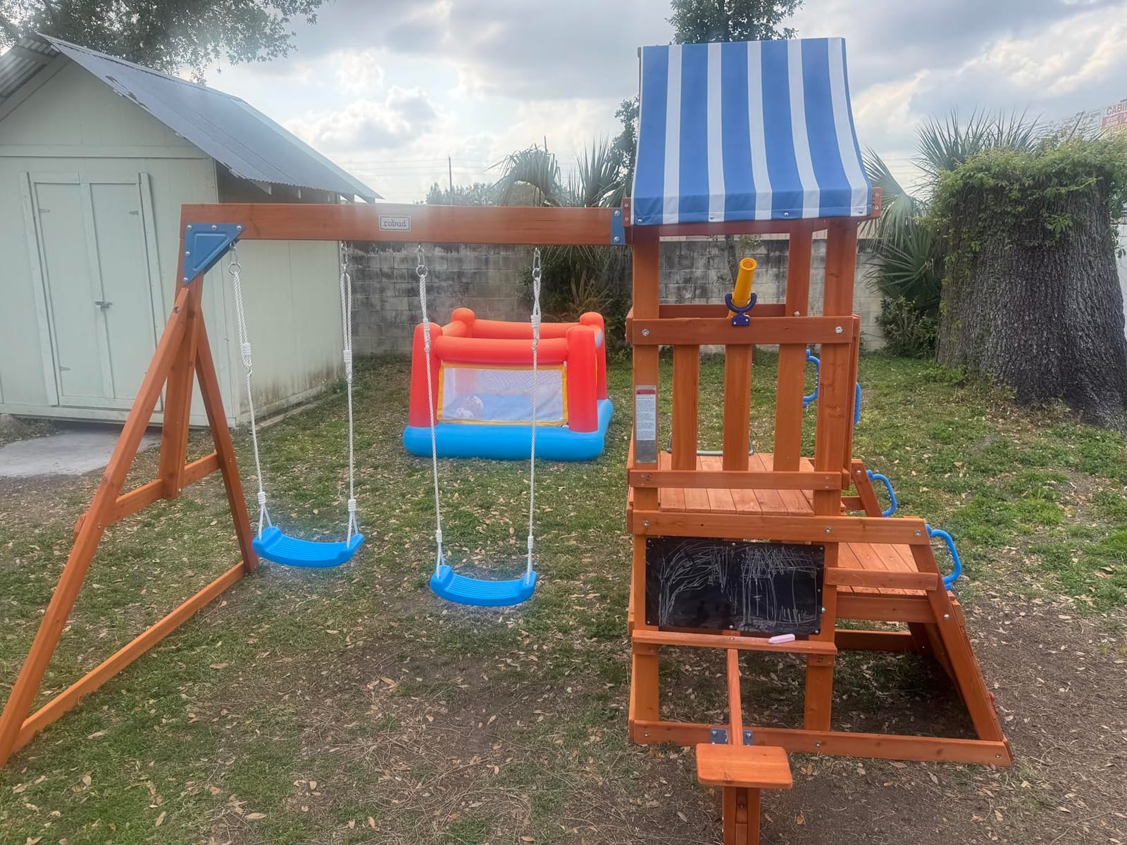 ROBUD Swing Sets for Backyard, Wooden Swing Set, All-in-One Kids Outdoor Play Equipment with Two Swings, Slide, Rock Climbing Wall, Blackboard, Telescope, Fort, Outdoor Playset for Kids & Toddlers customer photo 2