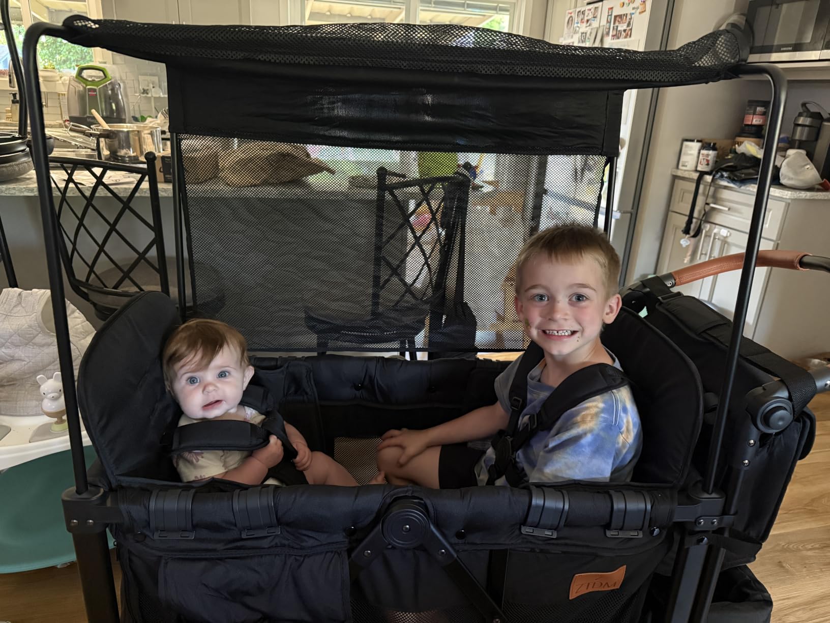 ZTDM Wagon Stroller for 2 Kids, High Seat & 5 Point Harness, Foldable All-Terrain Wagon for Toddler with Canopy, Parent Organizer, Shoulder Bag, Adjustable Handlebar, Ultimate Double (Black) customer photo 2
