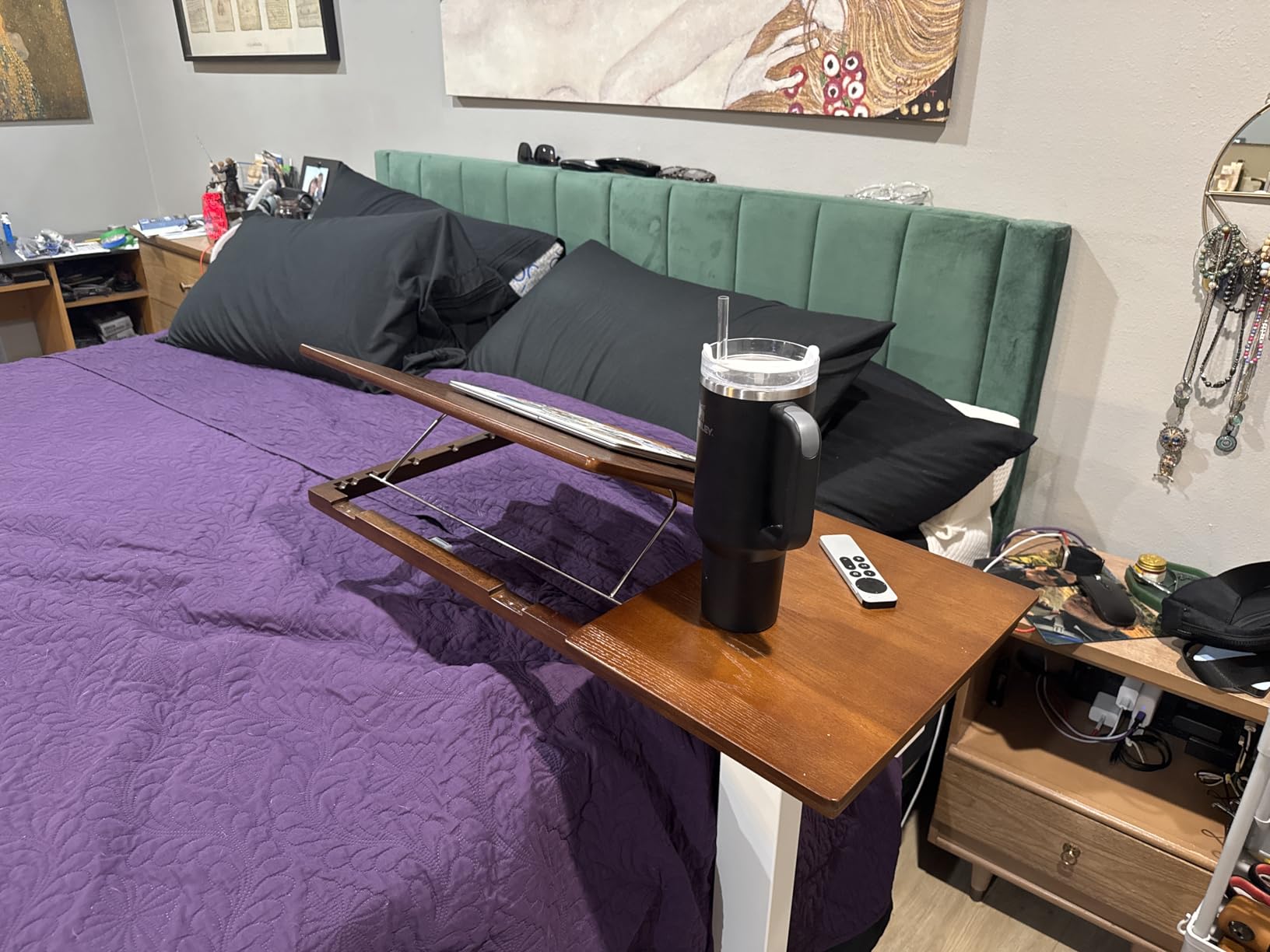 Muwuele Solid Wood Overbed Bedside Table with Wheels, Adjustable Medical Tilt Top Hospital Bed Table Over The Bed, Rolling Laptop Desk, Mobile Standing Desk for Hospital and Home Use (Walnut) customer photo 1