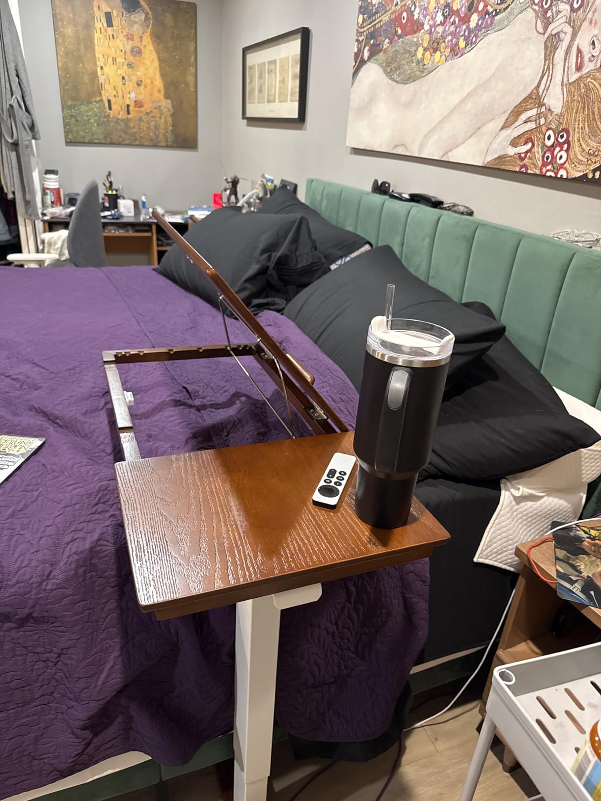 Muwuele Solid Wood Overbed Bedside Table with Wheels, Adjustable Medical Tilt Top Hospital Bed Table Over The Bed, Rolling Laptop Desk, Mobile Standing Desk for Hospital and Home Use (Walnut) customer photo 2