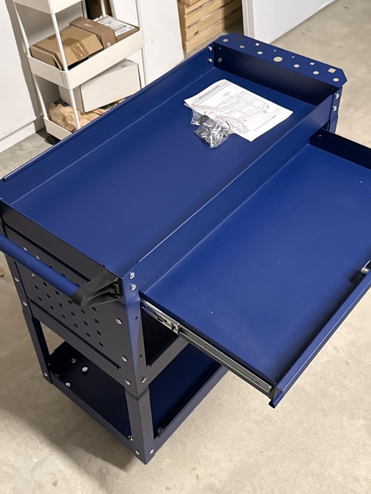 3 Tier Rolling Tool Cart on Wheels, 550 LBS Tool Cart with Drawers, Heavy Duty Utility Cart with Pegboard and Hook, Mechanic Tool Storage Cart for Garage, Warehouse and Repair Shop (Dark Blue) customer photo 1
