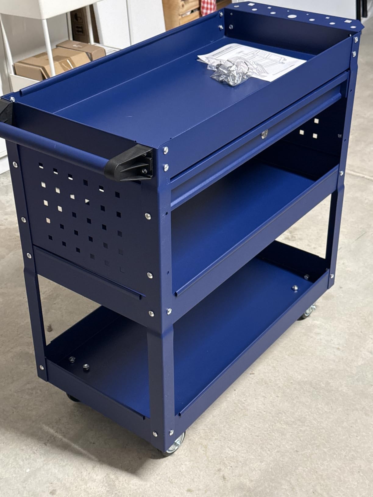 3 Tier Rolling Tool Cart on Wheels, 550 LBS Tool Cart with Drawers, Heavy Duty Utility Cart with Pegboard and Hook, Mechanic Tool Storage Cart for Garage, Warehouse and Repair Shop (Dark Blue) customer photo 2