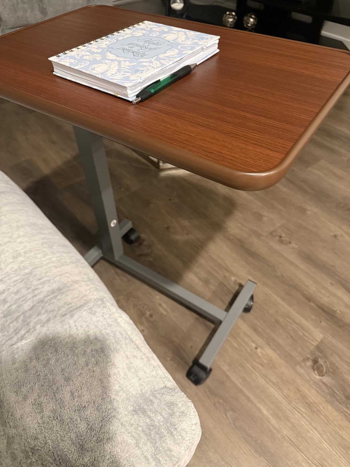 WOTURE Pneumatic Adjustable Overbed Bedside Table with Wheels - Hospital & Home Use, Medical Bed Table, Mobile Standing Desk, Rolling Laptop Cart, Non Tilt Surface(23.6