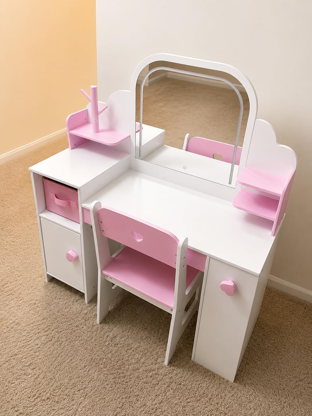 Frogprin Kids Vanity with Lights and Chair, Princess Makeup Vanity Desk with Mirror Bookshelf Storage Cabinet, 3 in 1 Toddler Vanity Table Makeup Dressing Table, Pretend Play Vanity Set for Little Girl customer photo 2