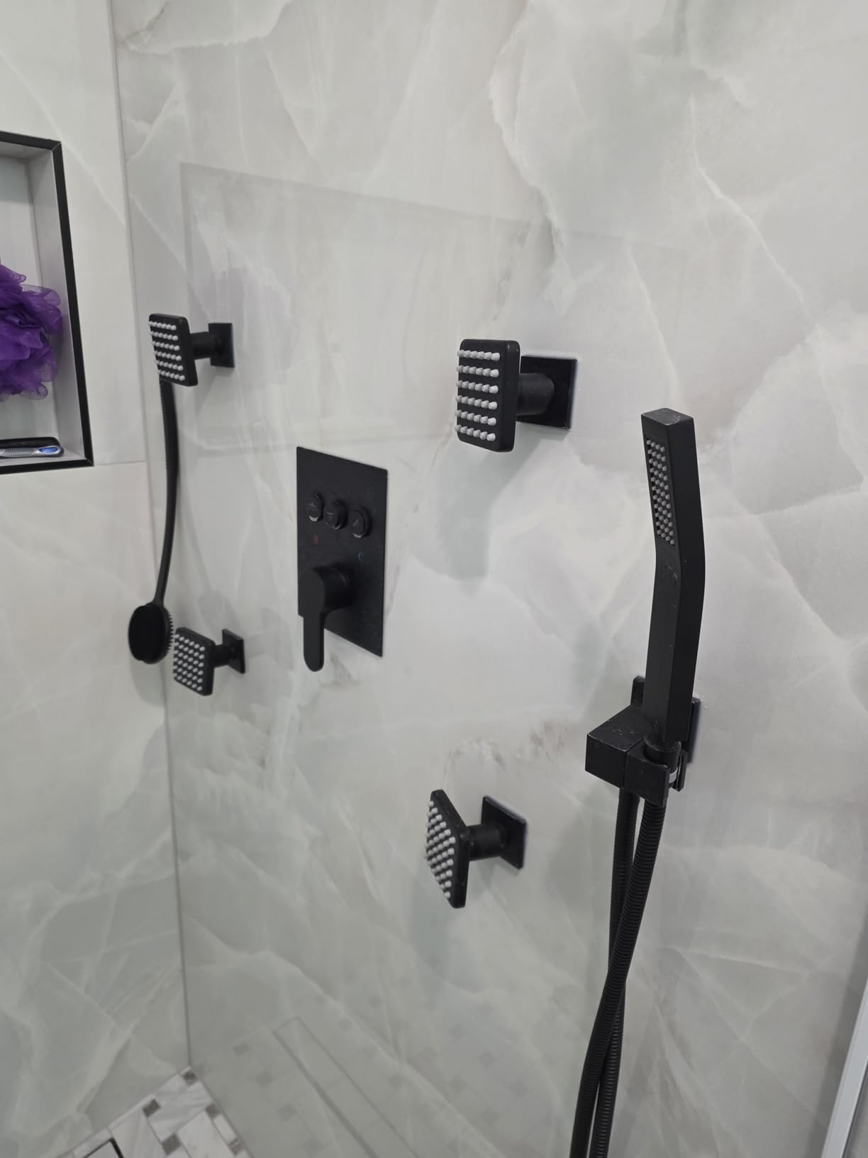 Bostingner Brushed Gold Shower System with Body Jets, 4 Way Shower Faucet Set with 2 in1 Handheld, Ceiling Mount 12 Inch Shower Head with 6 Inch Shower Head, 4Pcs Body Jets With Dual Head Shower Set customer photo 1