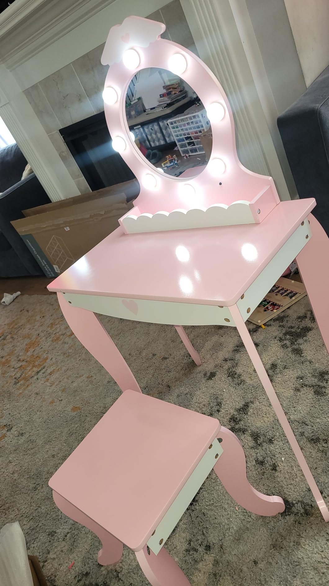 MU Kids Vanity Set with Lighted Mirror and Stool, Kids Make Up Vanity Desk with Storage Space, Wing Pattern for Little Girls, Toddler Princess Makeup Dressing Table with Chair Set, Pink customer photo 1
