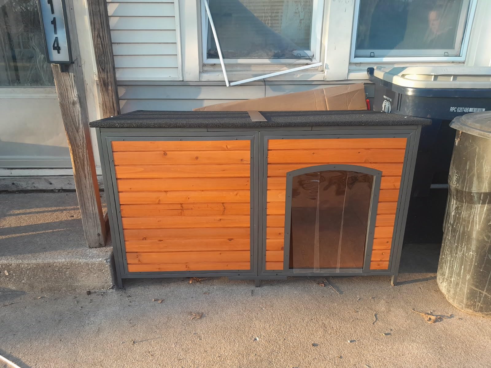 Extra Large Insulated Outdoor Dog House Weatherproof Chew-Proof Metal Frame | Wooden Dog Shelter, 6-Sided Sandwich Foam Insulation, 15''Wx18.5''H Door, Asphalt Hinged Roof, Removable Floor, 59