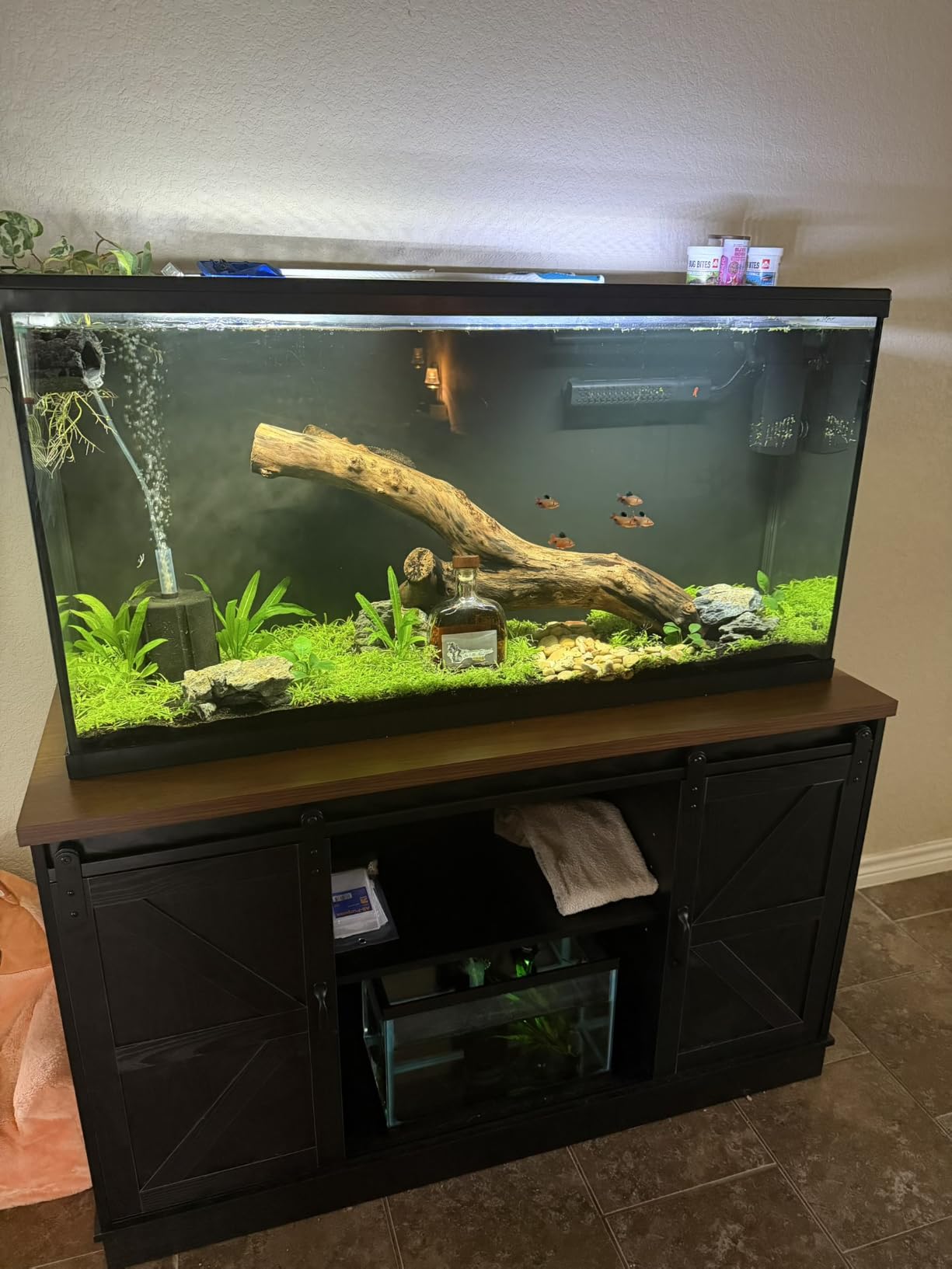 Hlivelood Farmhouse 75-120 Gallon Fish Tank Stand with Power Outlet, Aquarium Stand w/Cabinet&Sliding Barn Door, Heavy Duty Reptile Tank Stand for Fish/Turtle/Reptile Terrarium, 1000LB Capacity, White customer photo 1