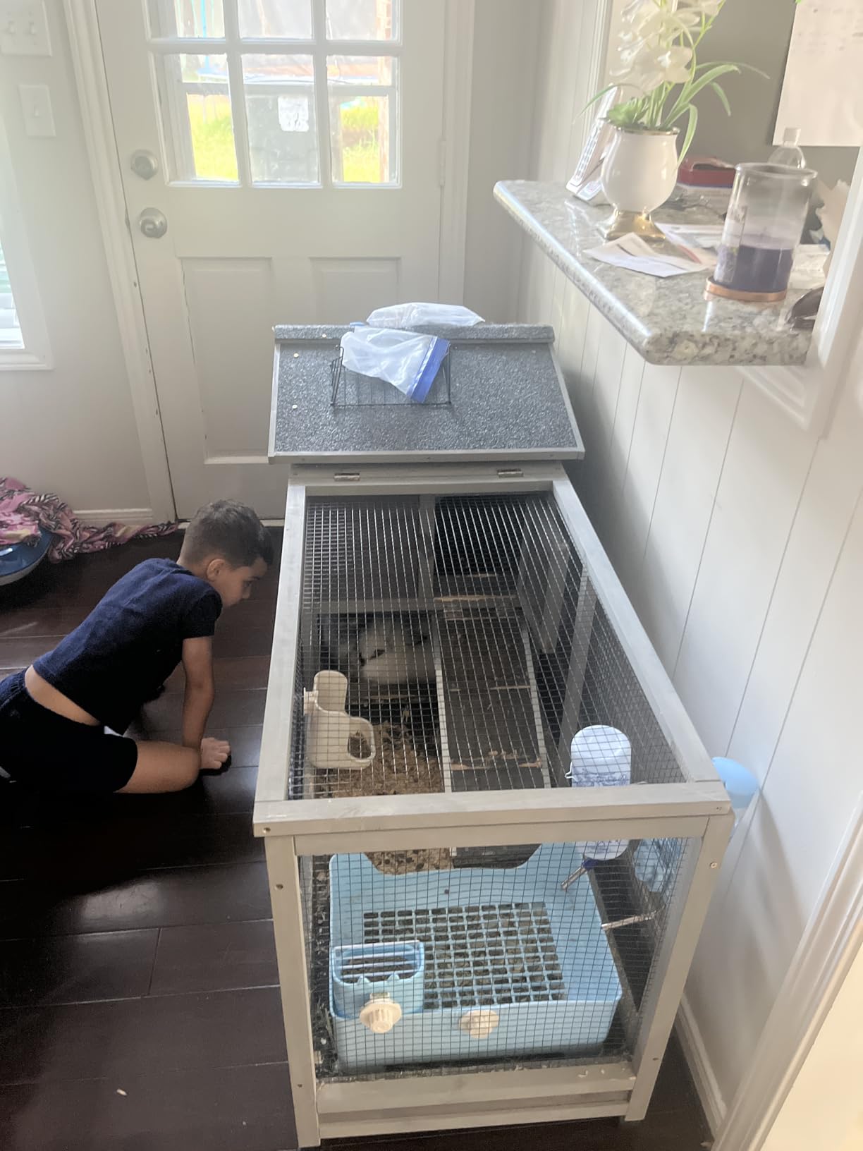GUTINNEEN Large Rabbit Hutch Outdoor 2-Level Wooden Chicken Coop Indoor Weatherproof Bunny Cage Guinea Pig House with Waterproof Roof, Leak-Proof Pull Out Tray, Lockable Door for Small Animals (Grey) customer photo 1