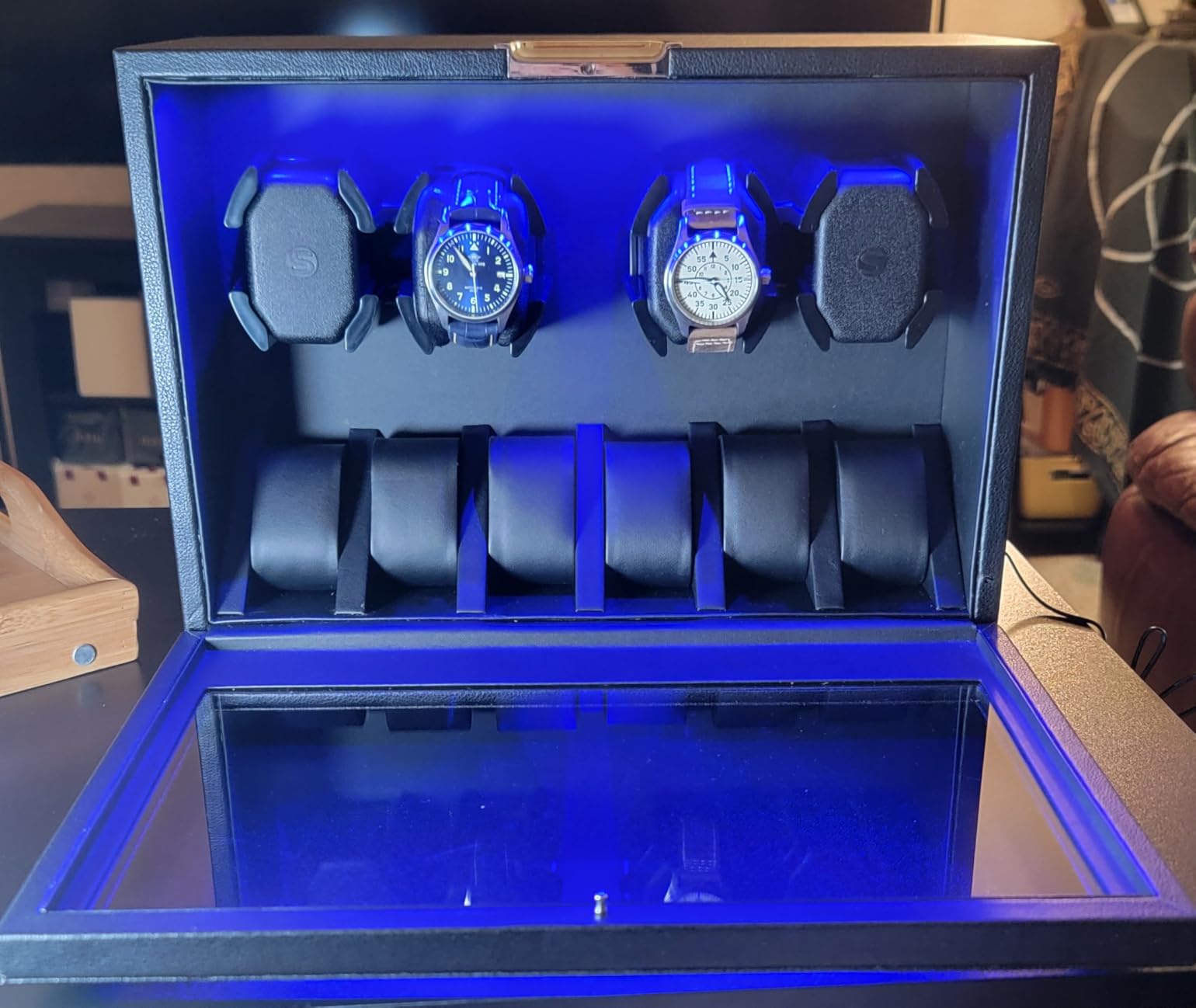 BEWISHOME Watch Winders for Automatic Watches, 4 Watch Winder | 6 Watch Display Case with LED Light, 4 Modes, Automatic Watch Winder Box with Japanese Quiet Motor USB-C Adapter, Black SYQ04B customer photo 2