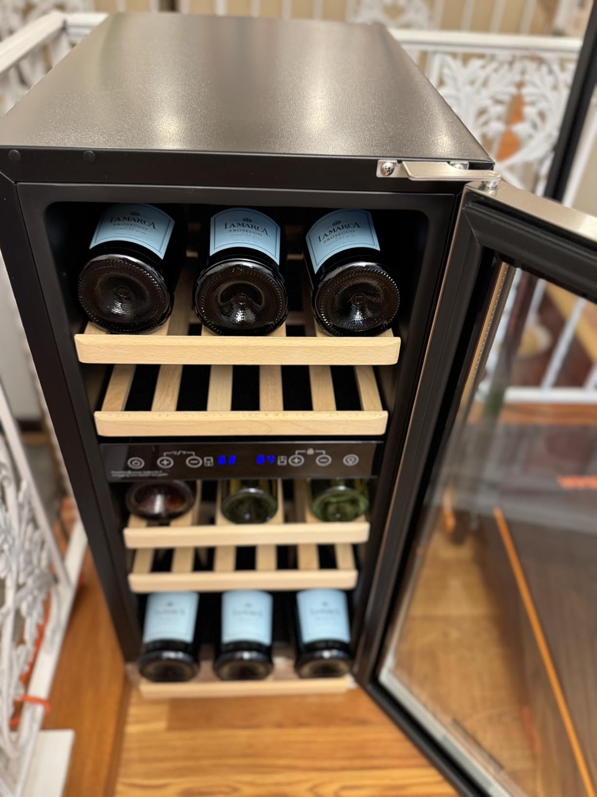 BODEGA 15 Inch Wine Fridge, 30 Bottle Dual Zone Wine Cooler, 41-72℉ Compressor Wine Refrigerator with Tempered Glass Door, Built-in or Freestanding Wine Cooler for Home Kitchen Bar (3.2 cu.ft). customer photo 1