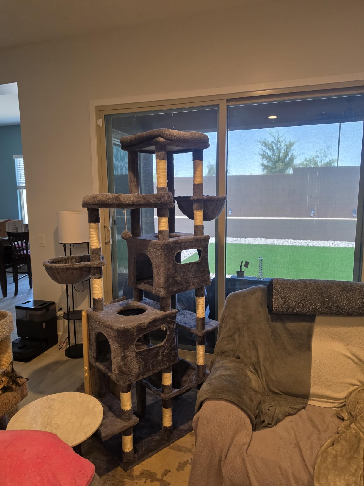 Heybly Cat Tree, 74.8-Inch Spacious & Tall Cat Tower for Large Cats, Cat Furniture with Large Top Perch, Solid Base, 2 Cat Condos, Hanging Hammock, Durable Sisal Scratching Posts, Smoky Gray HCT062G customer photo 1