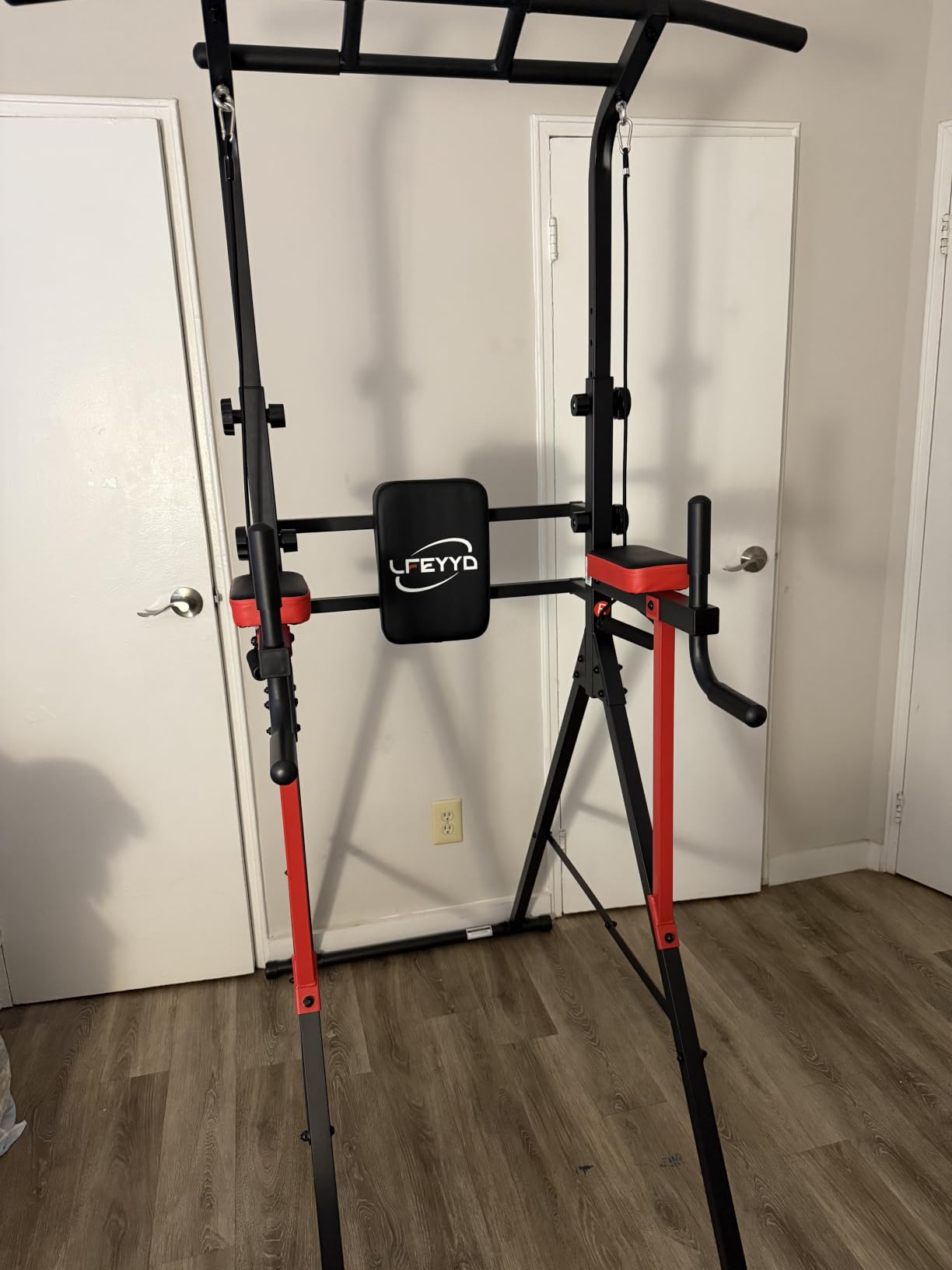 Power Tower Pull Up Bar Free Standing,Multi-Level Adjustable Height Dip Station, Multi-Grip Handles,Backrest,Home Gym Strength Training Equipment with Power Elastic Ropes 400LBS Capacity customer photo 1