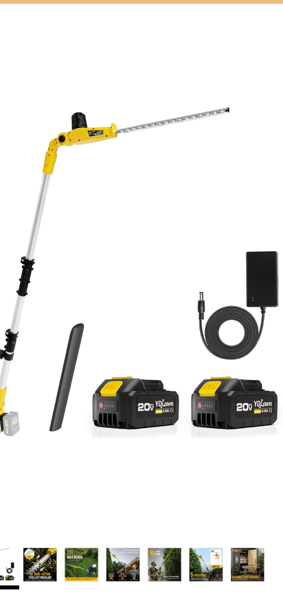 20V Cordless Pole Hedge Trimmer, 15 Ft Reach, 2 x 4.0Ah Batteries | Fast charger included, with 5/8-inch cutting capacity and an extension pole for trimming tall hedges,shrubs,and bushes,Yellow customer photo 2
