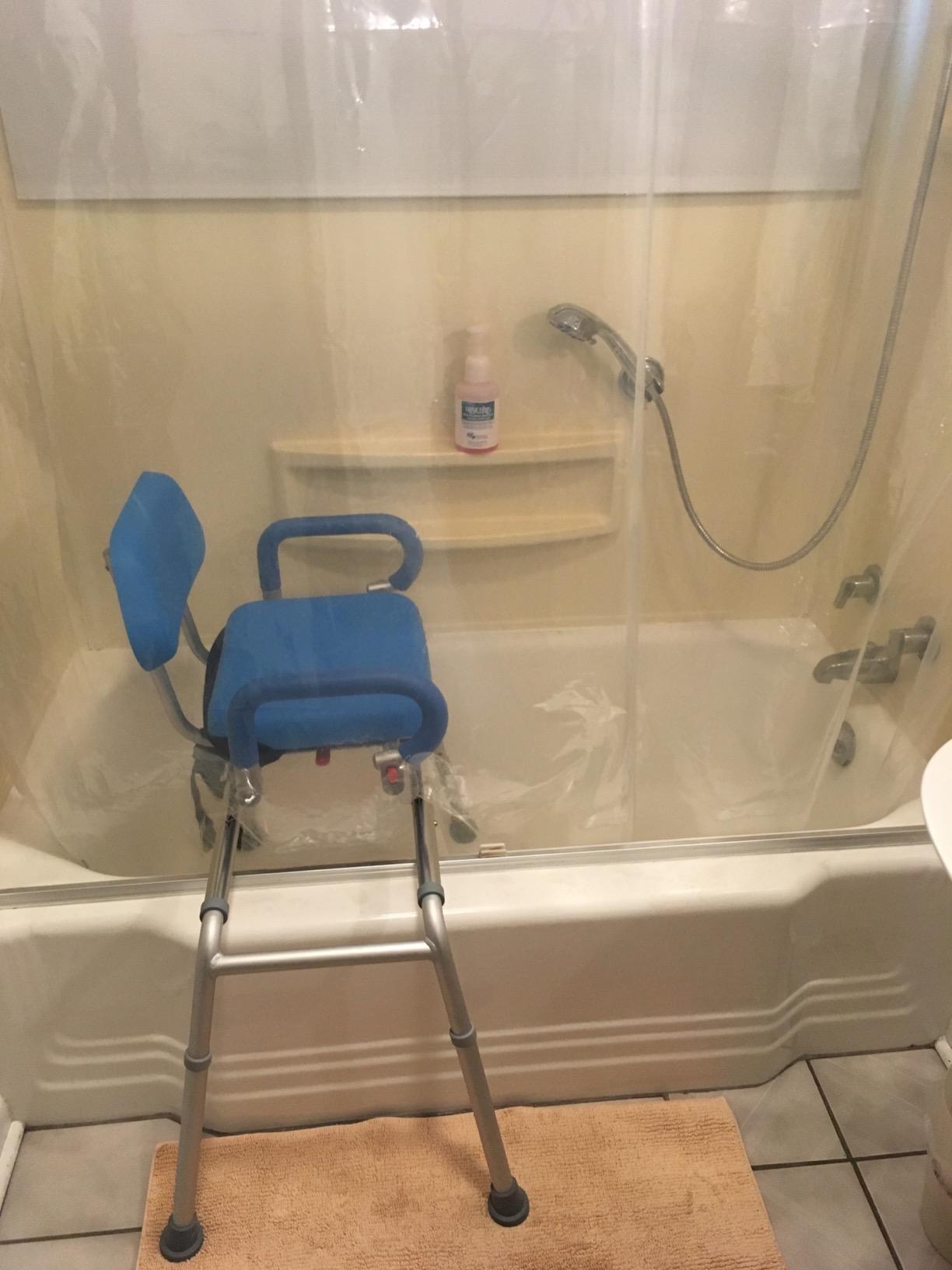 Carousel Sliding Shower Chair Tub Transfer Bench with Swivel Seat, Bariatric, Premium Padded with Pivoting Arms, High Capacity, Heavy Duty for Tubs, Inside Shower, for Handicap & Seniors, Blue customer photo 1