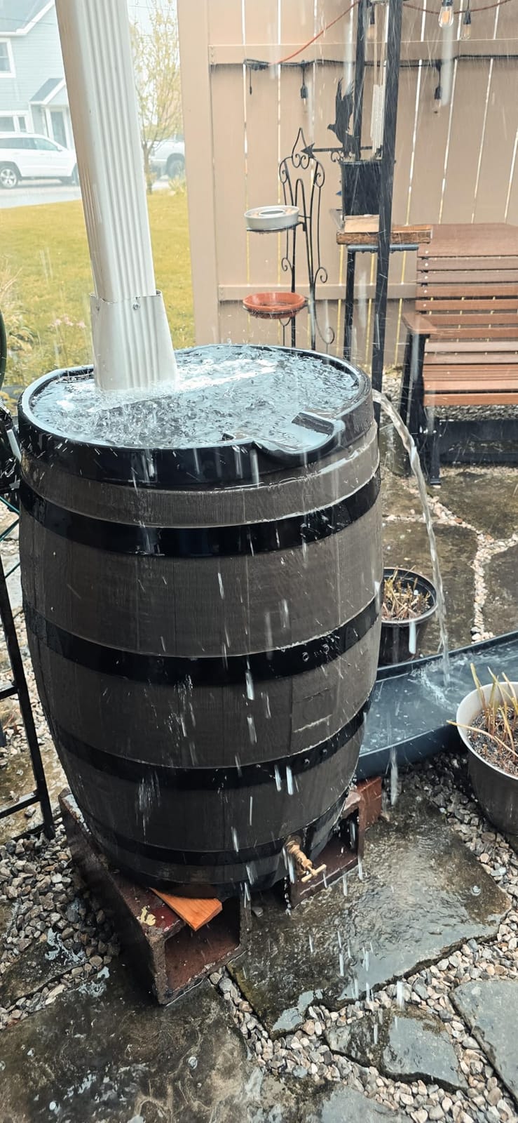 RTS Home Accents Premium 55-Gallon Rain Barrel with Removable Lid, Flat Back Rain Water Collection Barrel, Woodgrain with Black Stripes customer photo 1