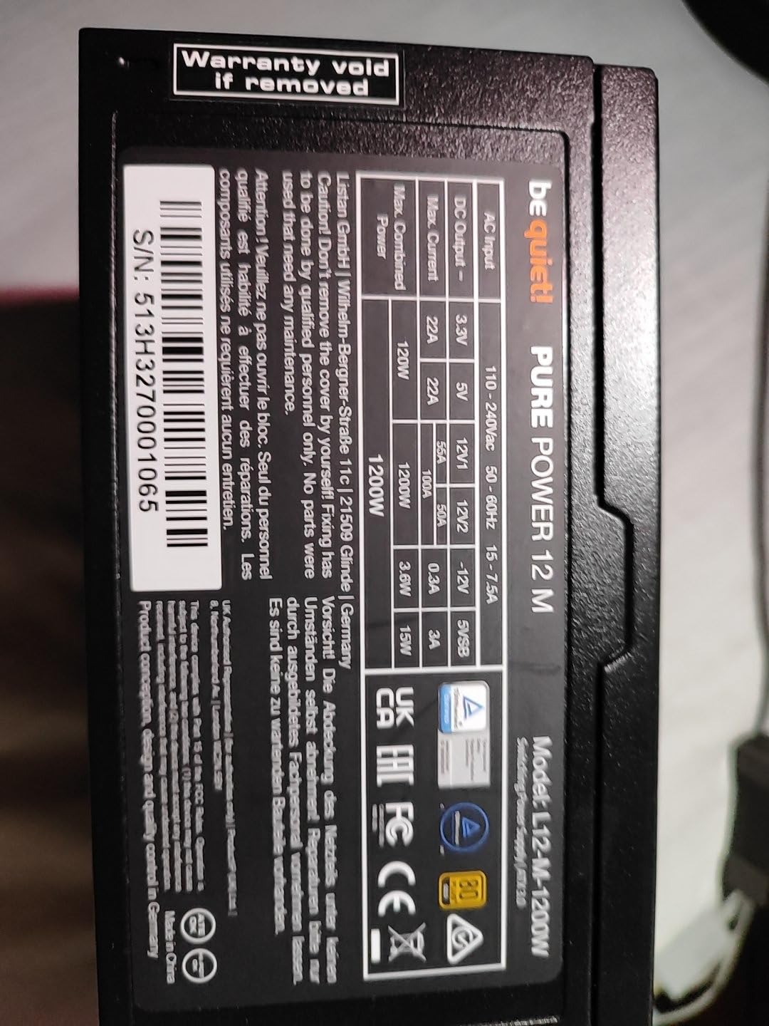 be quiet! Pure Power 12 M 1200W, ATX 3.1, Fully Modular PSU, 80+ Gold customer photo 2