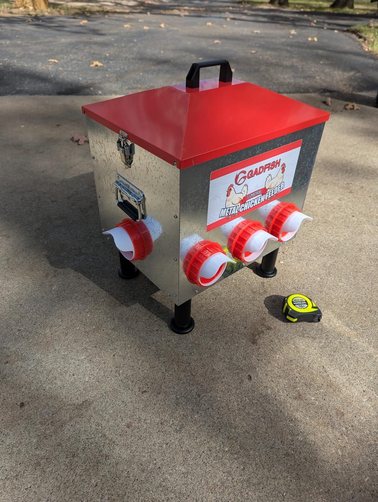 GADFISH 55 lbs Large Capacity Automatic Chicken Feeder - 8 Feeding Ports, No Waste Chicken Feeder, Height-Adjustable Legs & Secure Locking Lid for Chickens, Ducks & Poultry customer photo 1