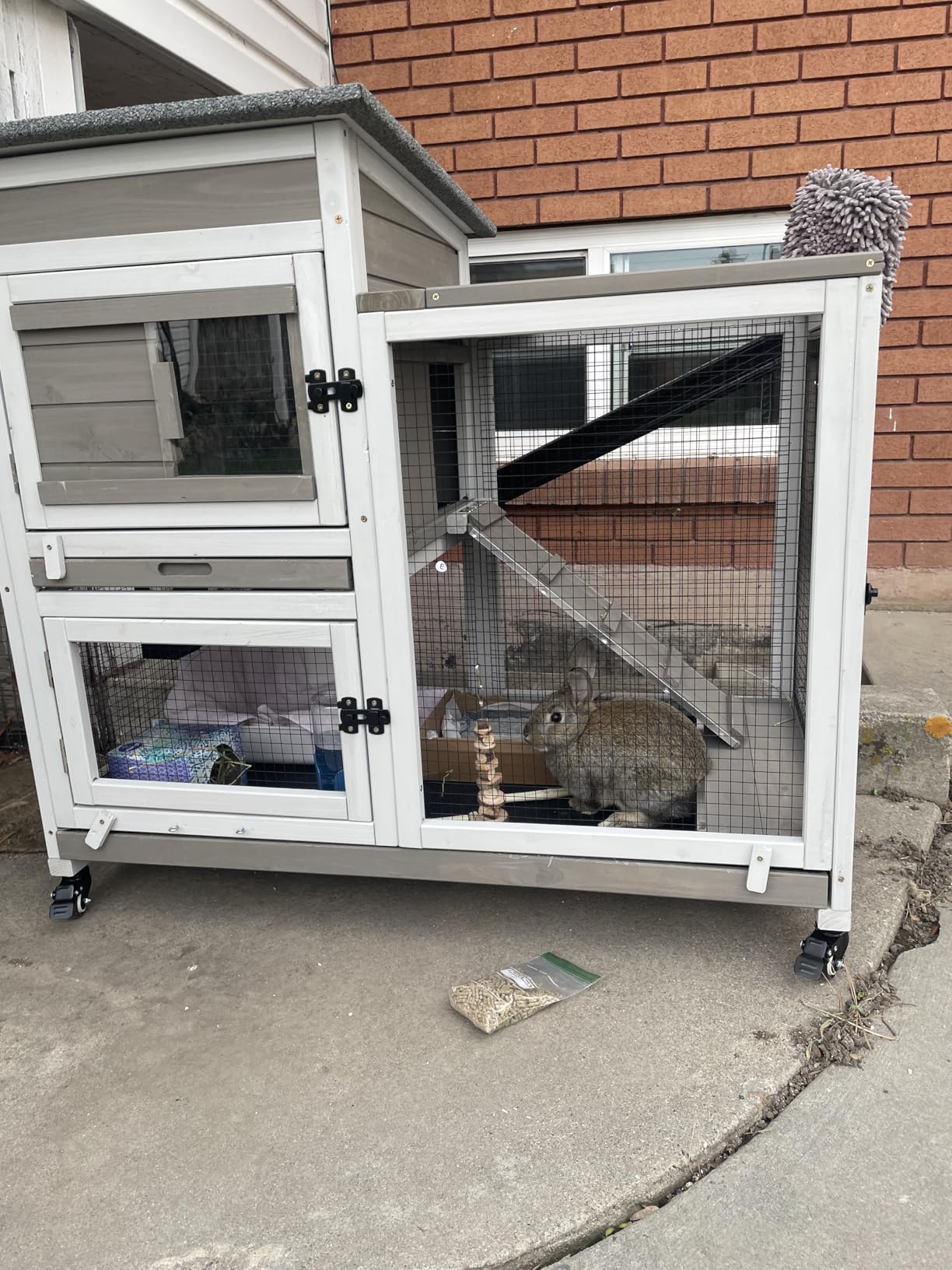 2 Story Rabbit Hutch Outdoor Indoor, Wooden Bunny Cage with 6 Lockable Wheels, 3 Removable No Leakage Pull Out Trays, Chew-Proof Ramp & Waterproof Roof, Ideal for Rabbit & Guinea Pig customer photo 1