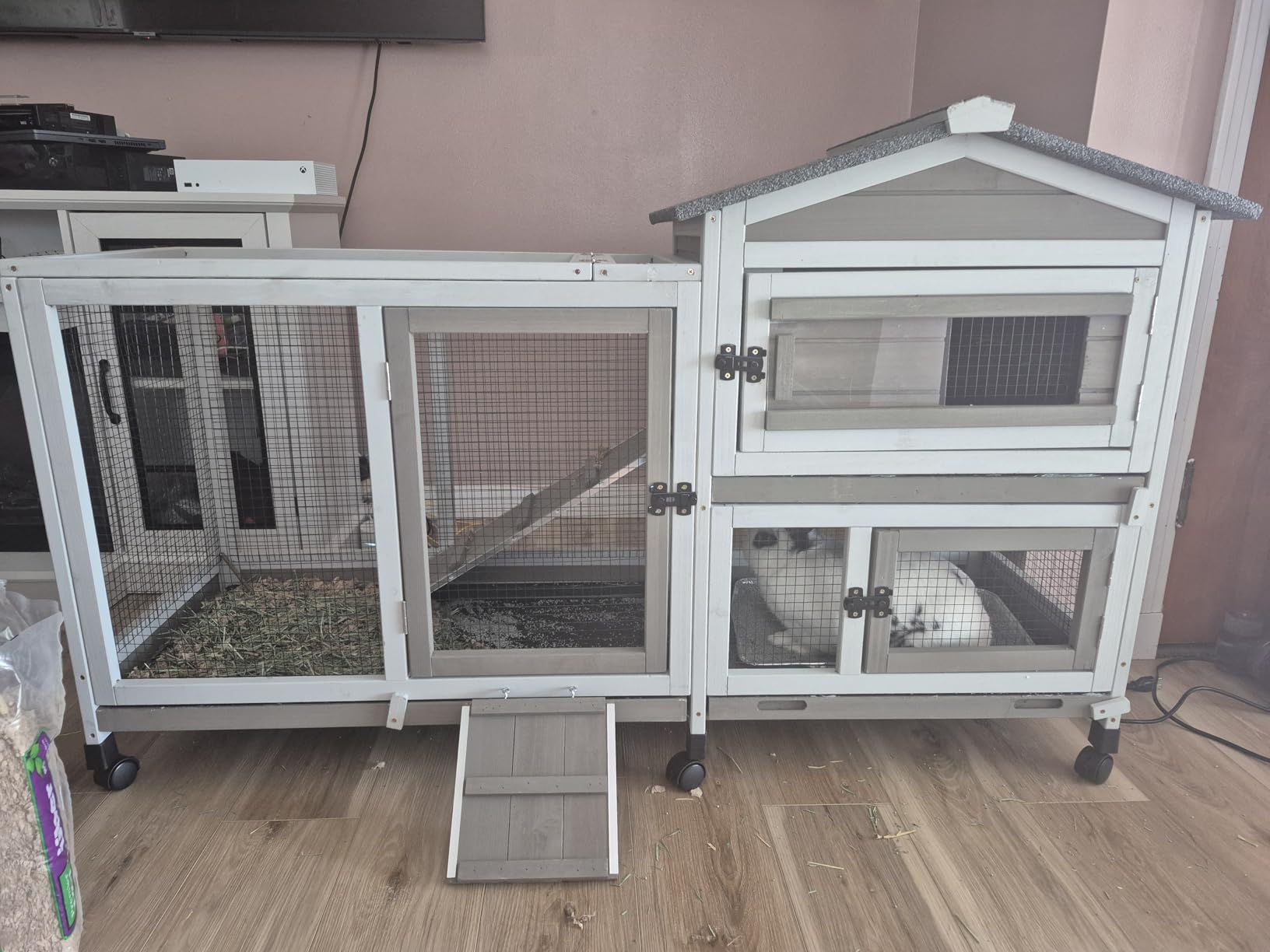 2 Story Rabbit Hutch Outdoor Indoor, Wooden Bunny Cage with 6 Lockable Wheels, 3 Removable No Leakage Pull Out Trays, Chew-Proof Ramp & Waterproof Roof, Ideal for Rabbit & Guinea Pig customer photo 2
