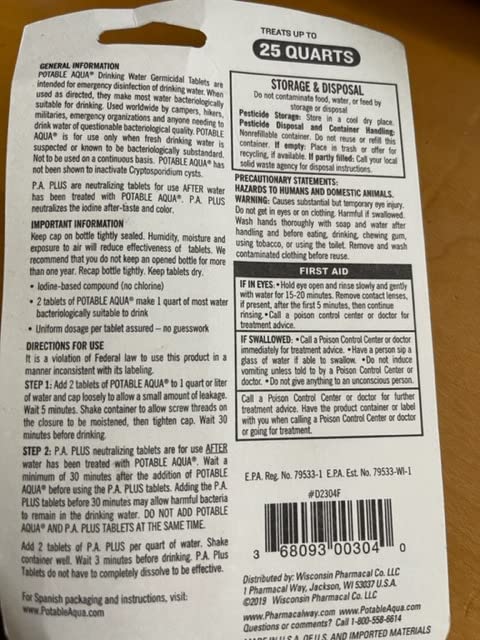 Potable Aqua Water Purification Tablets With PA Plus - Two 50 count Bottles customer photo 2
